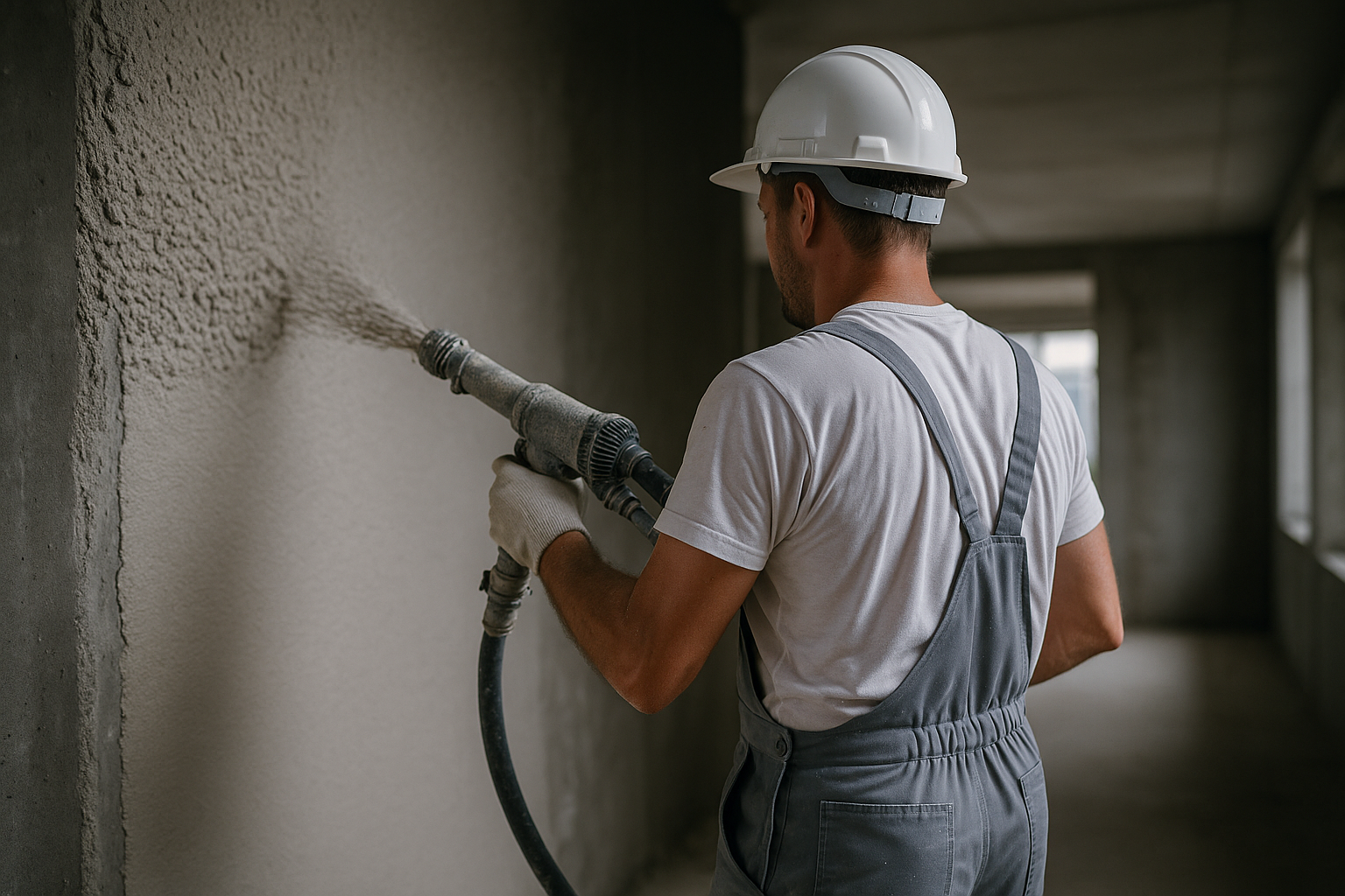 Especialista aplicando mortero con máquina en pared interior
